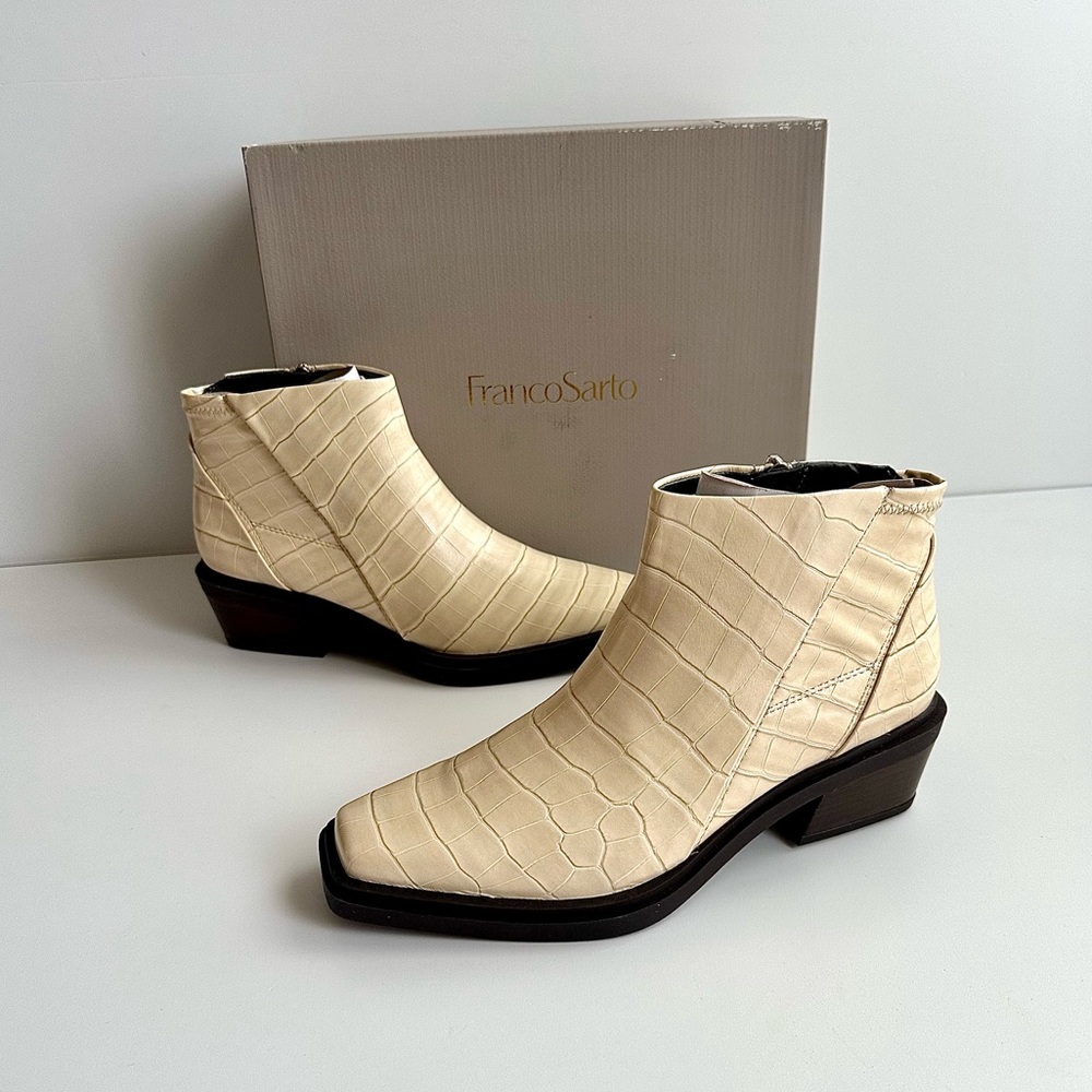 Franco Sarto Cream Croc-Embossed Square-Toe Ankle Boots